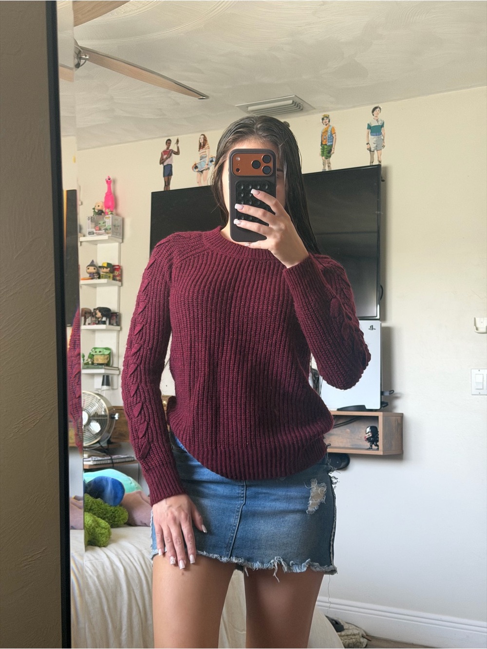 SO Burgundy Cable-Detail Crewneck Sweater